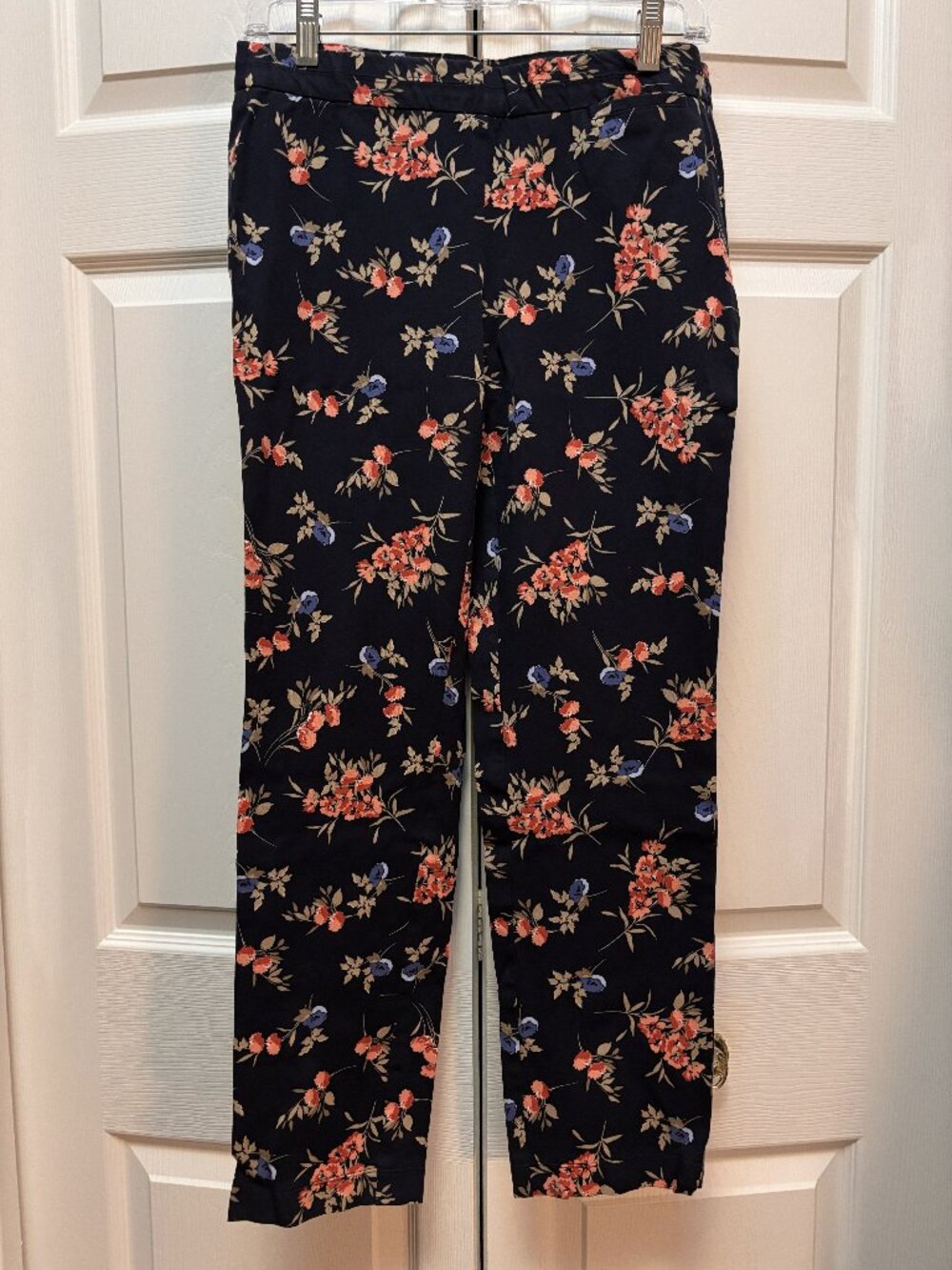 J Jill Precision Stretch Floral Ankle Pants Size 4 Navy Pull On Slim Leg